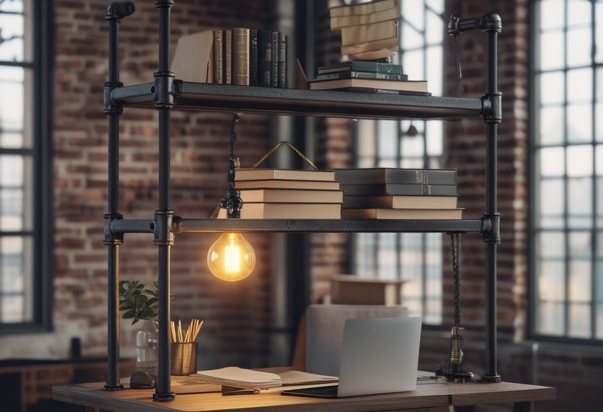 A wooden desk with metal pipe shelves holding books and an Edison bulb lamp in a study room with exposed brick walls and large windows.