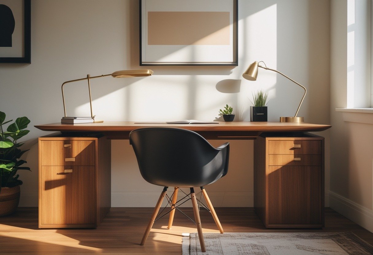 A study room with a wooden desk and a black chair, featuring a desk lamp, a notebook, a small plant, and a framed artwork on the wall.