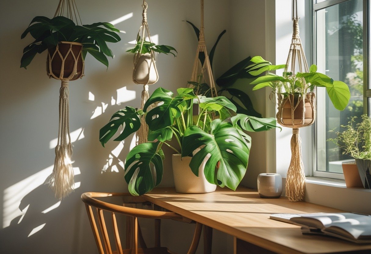 A study room with a large potted Monstera plant and several macramé plant hangers holding small plants near a wooden desk.