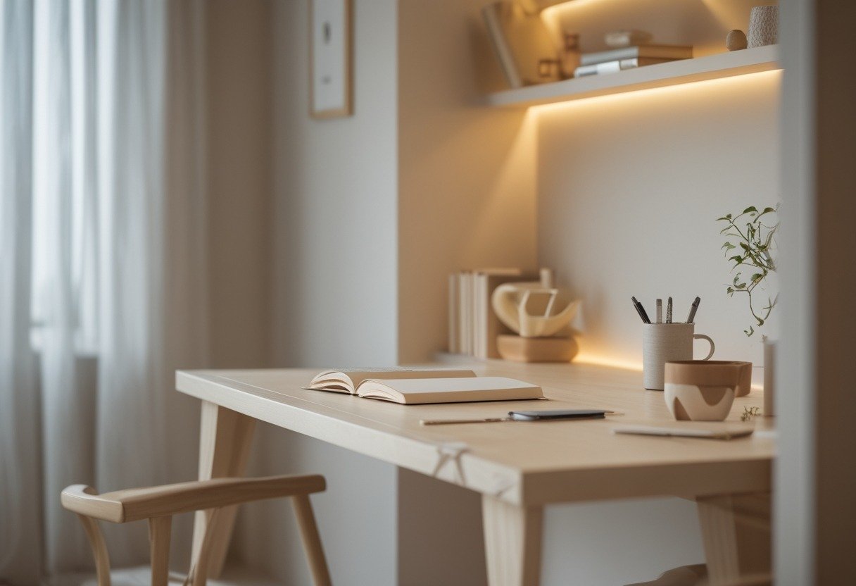 A calm study room with a low wooden desk, neutral-colored walls, a small plant, and minimal decor.
