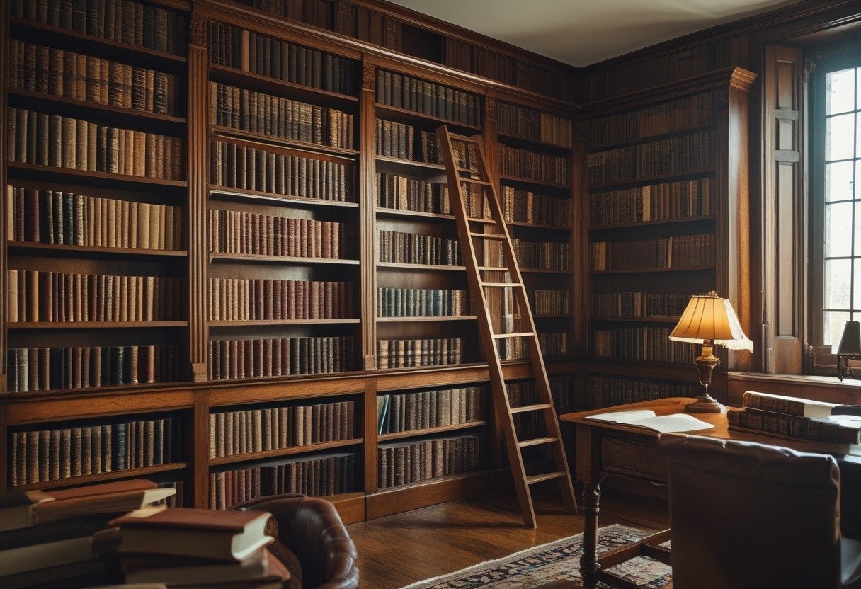 A study room with tall wooden bookshelves filled with books, a rolling ladder, a wooden desk with an antique lamp, and a leather armchair.
