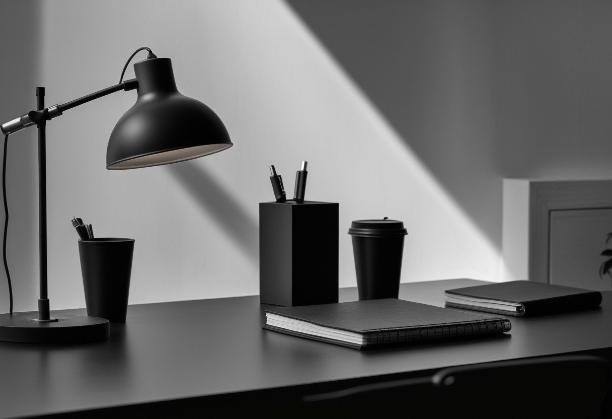 A black desk in a study room with black desk accessories including a lamp, pen holder, notebook, and coffee cup.