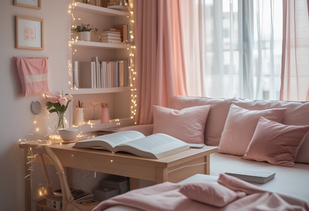 A bright study room with a wooden desk, open books, laptop, fairy lights, and blush pink decorative accents.