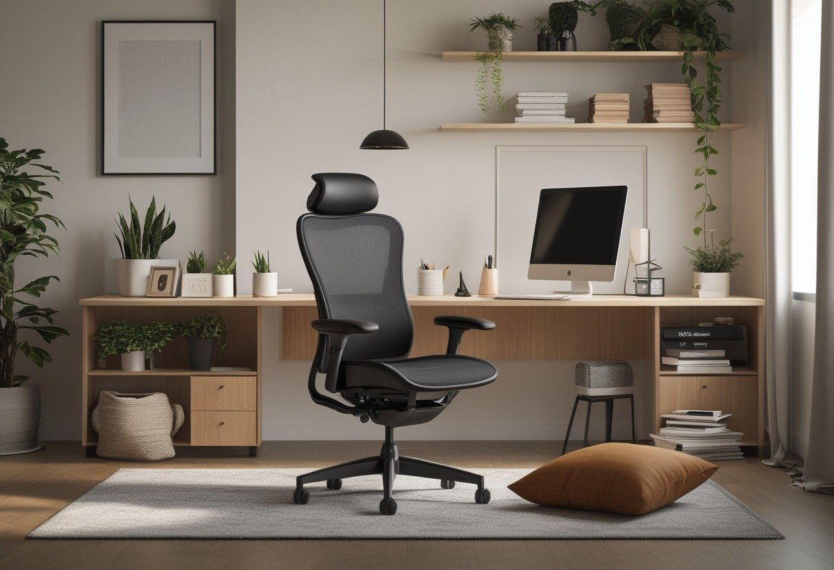 A study room with an ergonomic office chair in front of a desk with a computer and organized workspace, surrounded by plants, books, and decorative items.