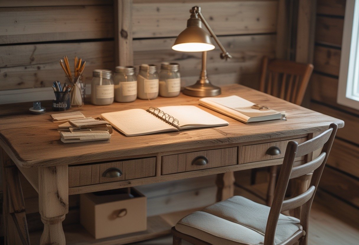 A study room with a wooden desk, mason jars used for storage, a chair, and natural light coming through a window.