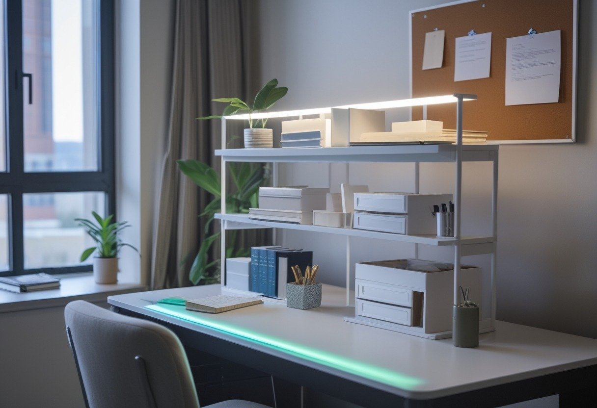 A student dorm study area with a multi-tier desk organizer and an LED desk strip lighting the workspace.