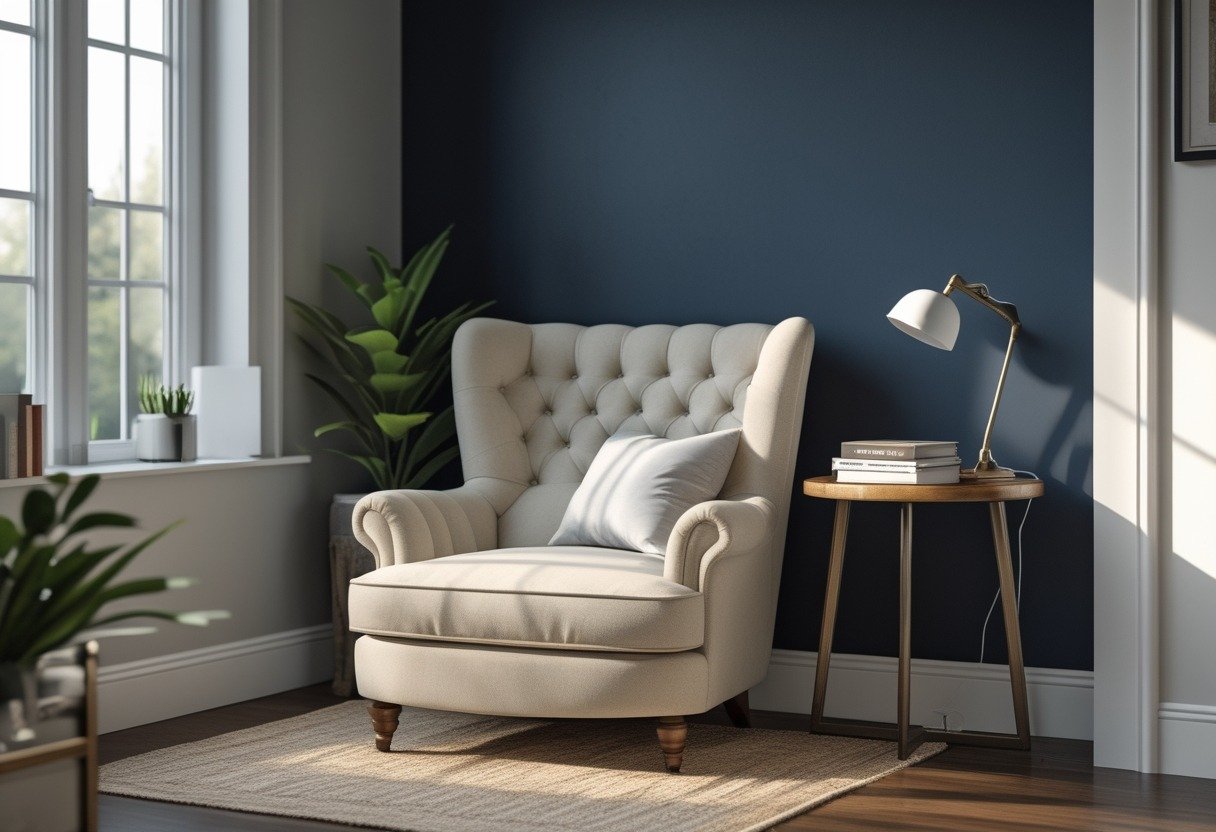 A cozy reading alcove with a tufted armchair next to a small table, set against a dark blue accent wall.