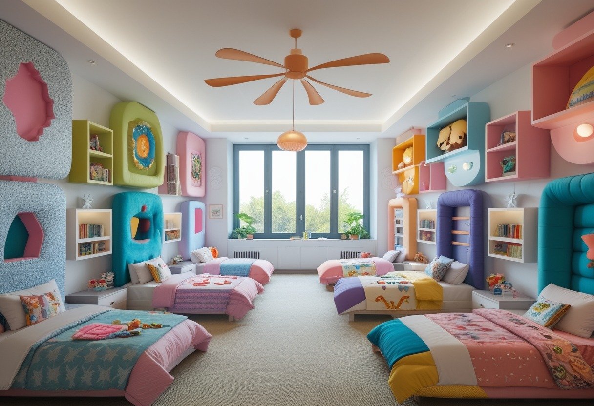 A children's bedroom with ten beds, each featuring a different colorful and creative headboard design, surrounded by toys and furniture.