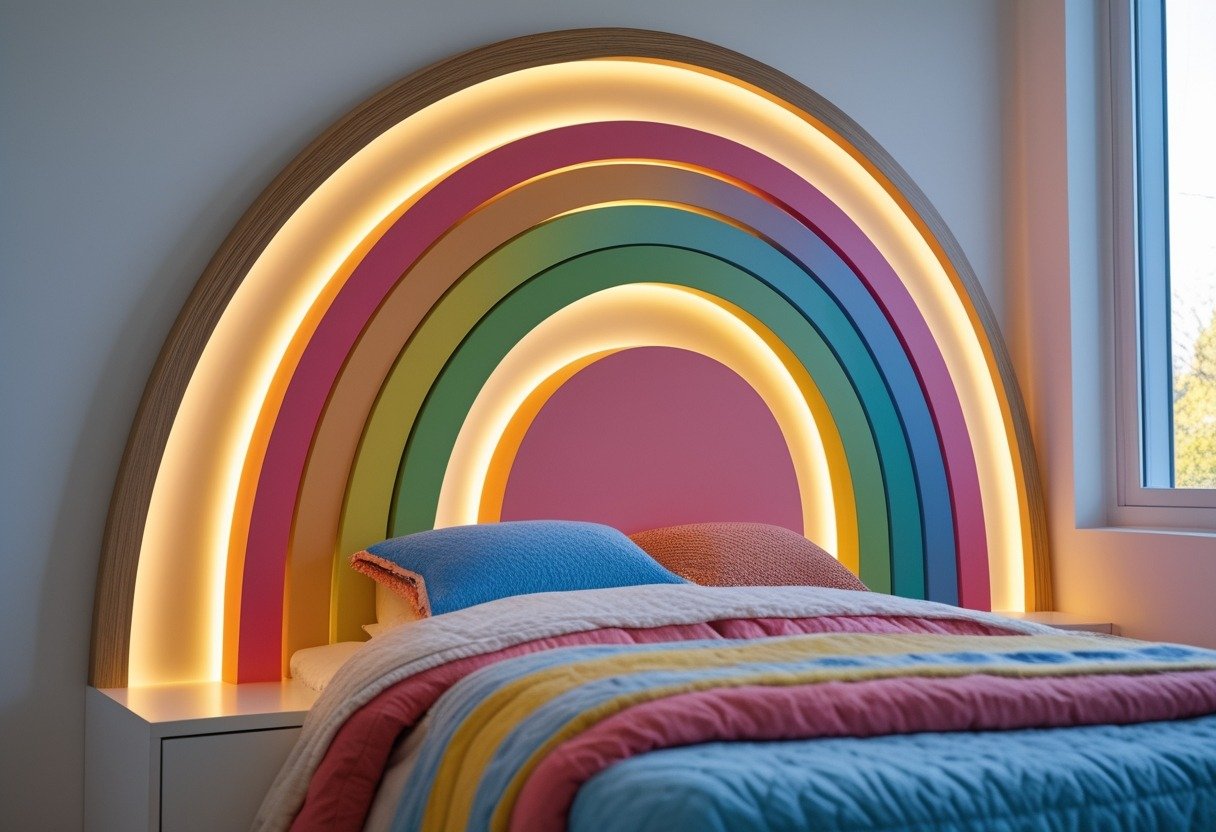 A children's bedroom with a rainbow arch painted headboard illuminated by soft LED backlighting.