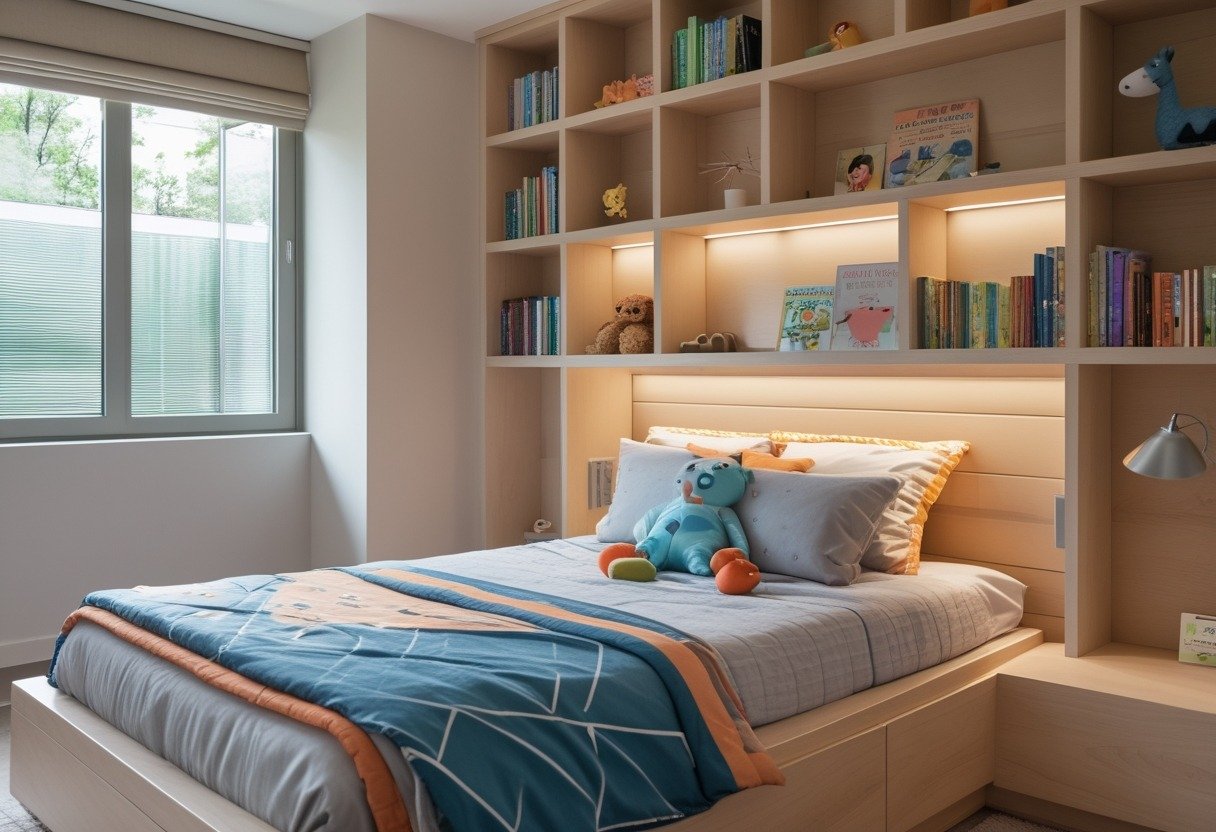 A child's bedroom with a bed that has a built-in bookshelf headboard containing cubby storage and a reading light.