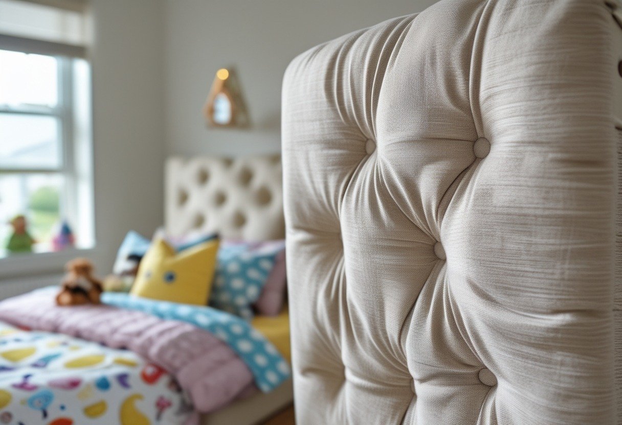 A children's bedroom with a tufted upholstered headboard and a bed with colorful bedding and toys.