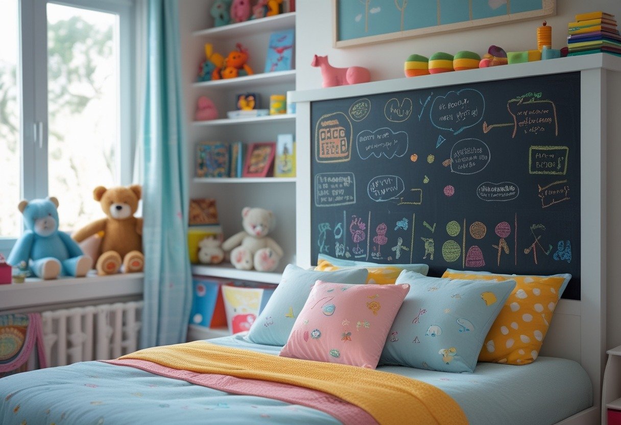 Children's bedroom with a bed featuring a chalkboard-painted headboard covered in colorful chalk drawings and notes.