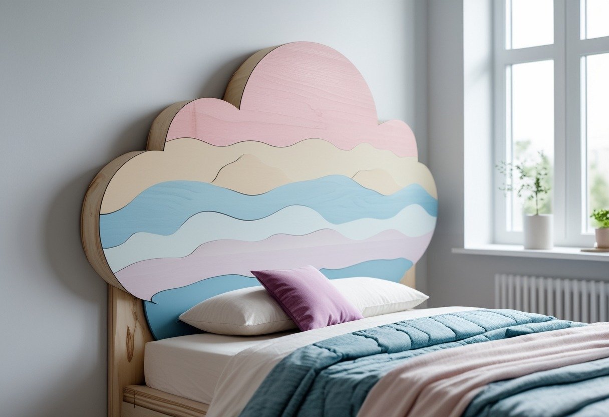 A child's bedroom with a bed that has a cloud-shaped wooden headboard painted with soft gradient colors.