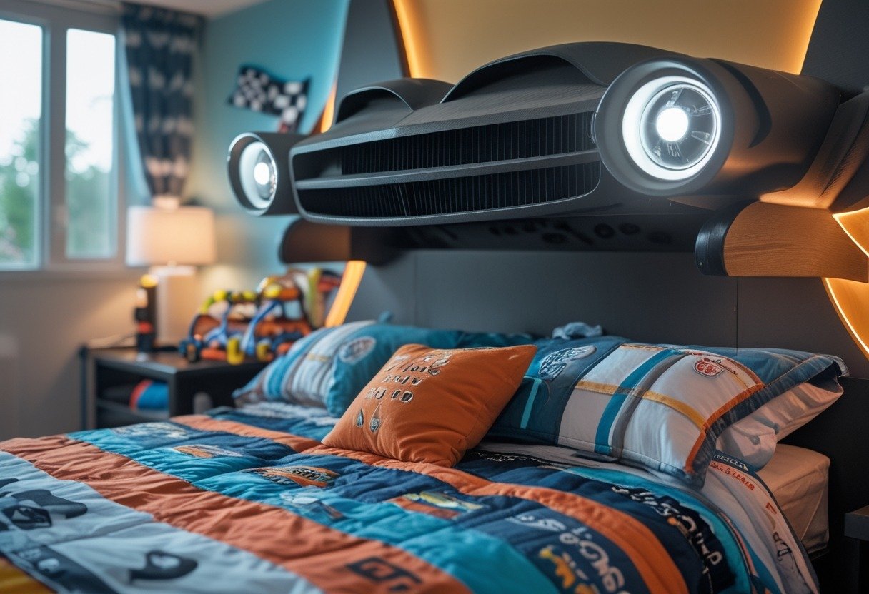 A children's bedroom with a race car front grille headboard featuring mounted headlights, colorful bedding, and playful decor.