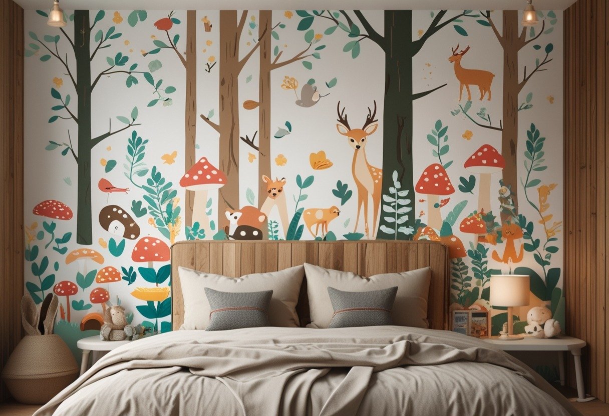 A children's bedroom with a bed featuring a forest-themed mural headboard decorated with removable animal and tree decals.