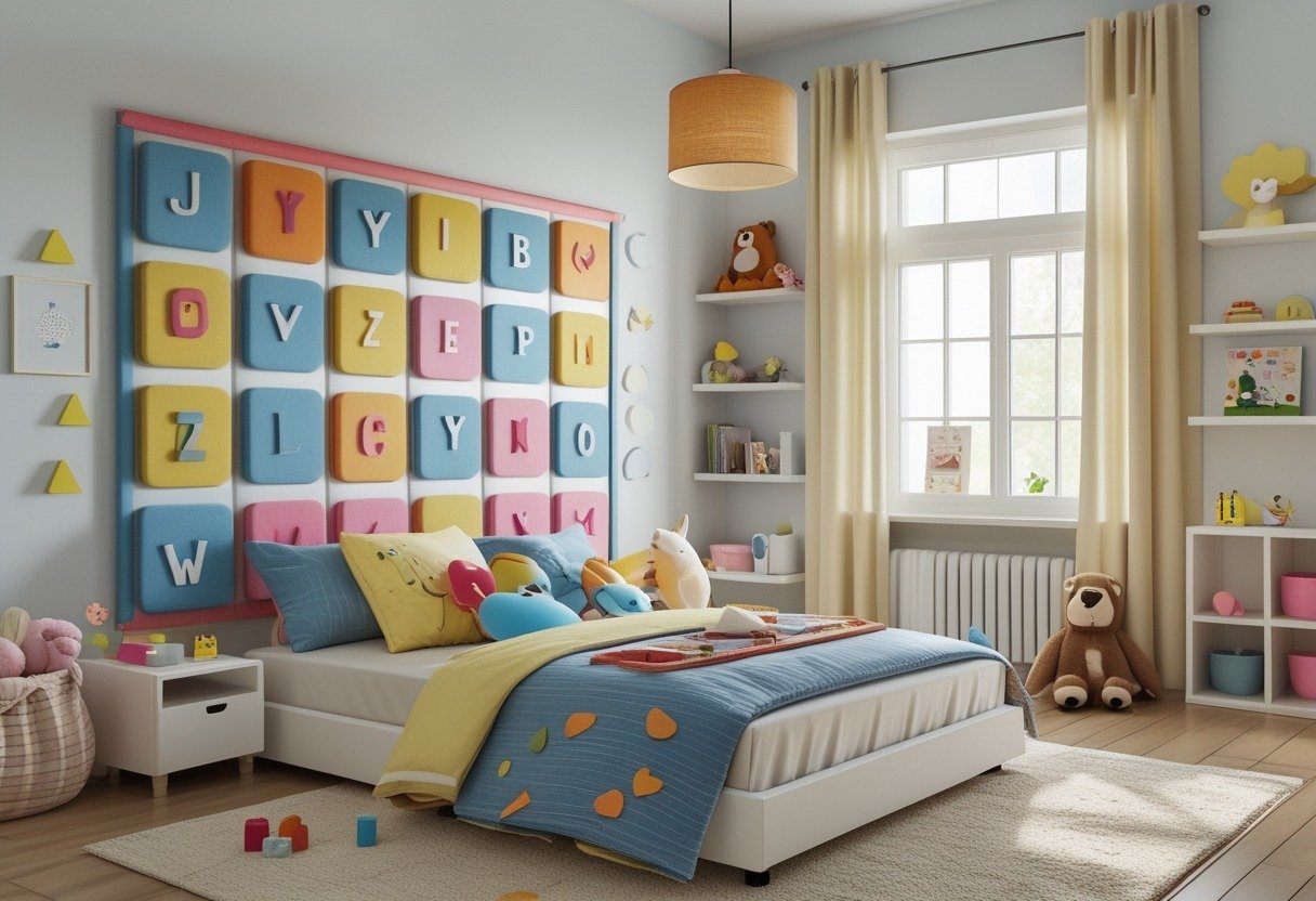 A children's bedroom with a bed featuring a magnetic felt board headboard decorated with colorful magnetic play pieces.