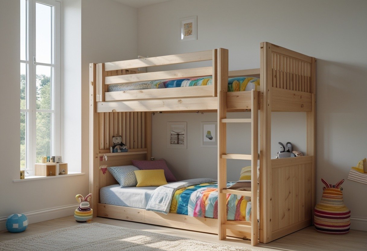 A children's bedroom with a loft bed featuring a wooden slatted headboard and safety rails, bright natural light, and colorful bedding.