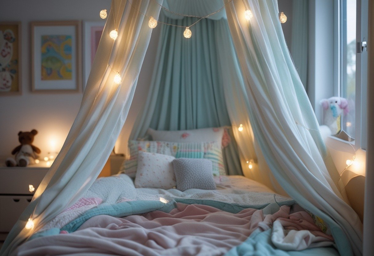A child's bedroom with a bed featuring a fabric canopy headboard decorated with hanging fairy lights.