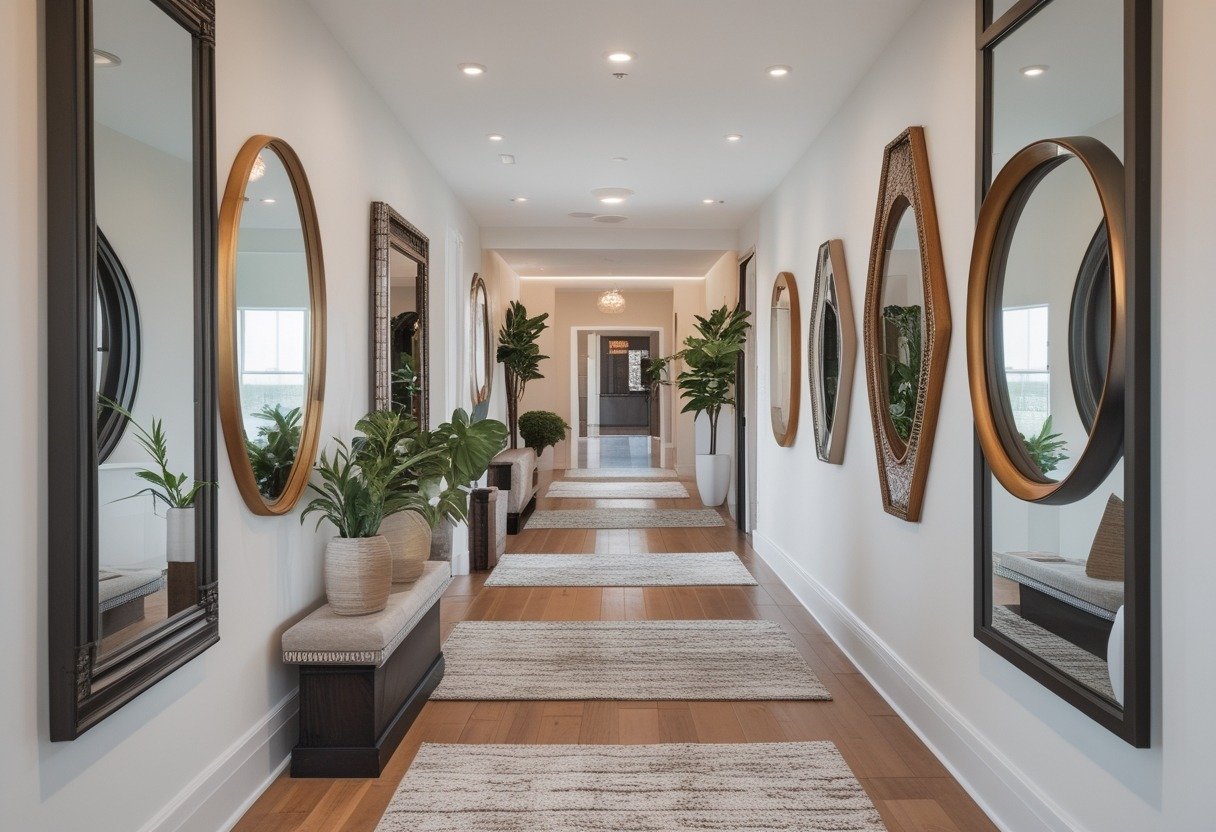 A hallway with twelve different mirrors of various shapes and frame styles displayed along the walls, with decorative plants and furniture.