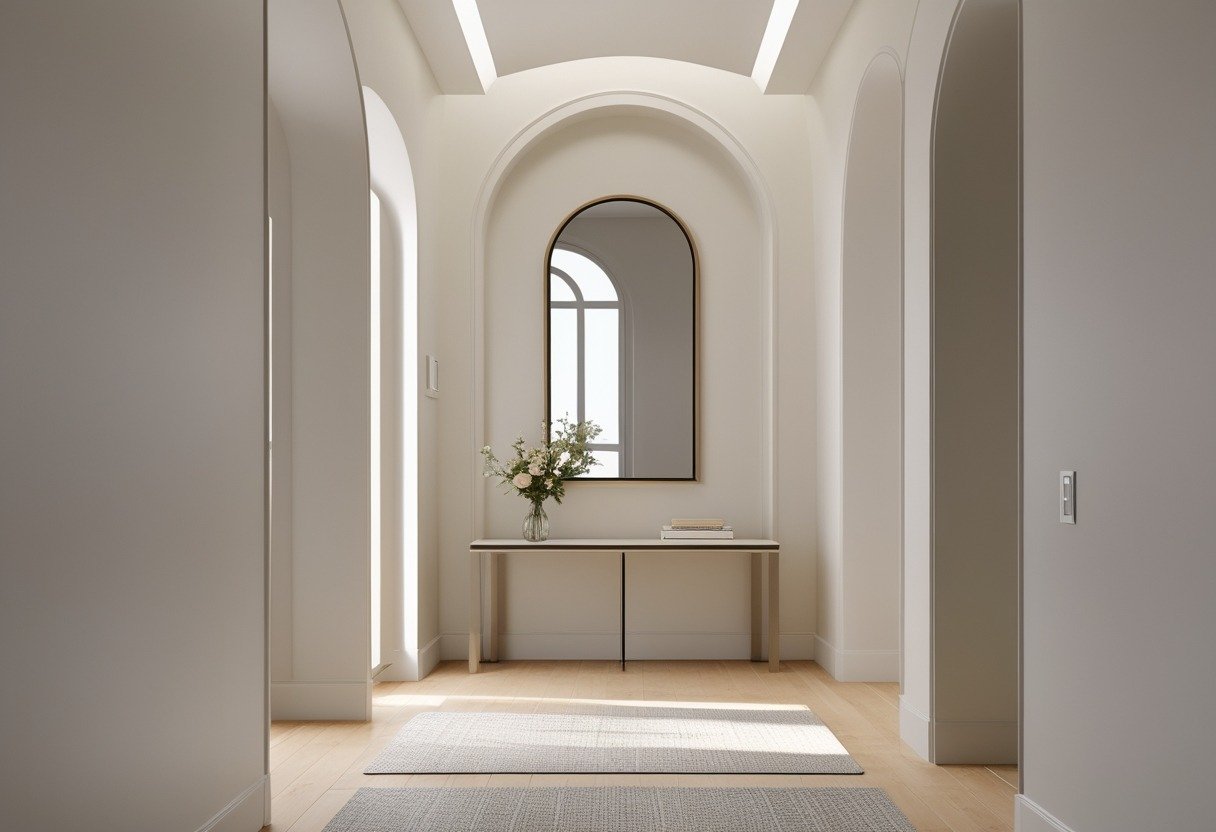 A hallway with a large arched mirror above a slim console table decorated with a vase and books.