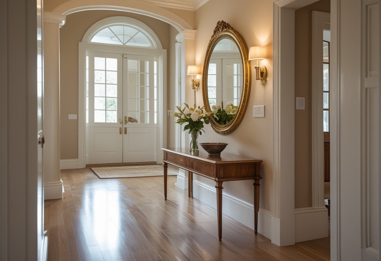 A round gilt-framed vintage mirror hanging above a wooden console table in a hallway with soft natural light.