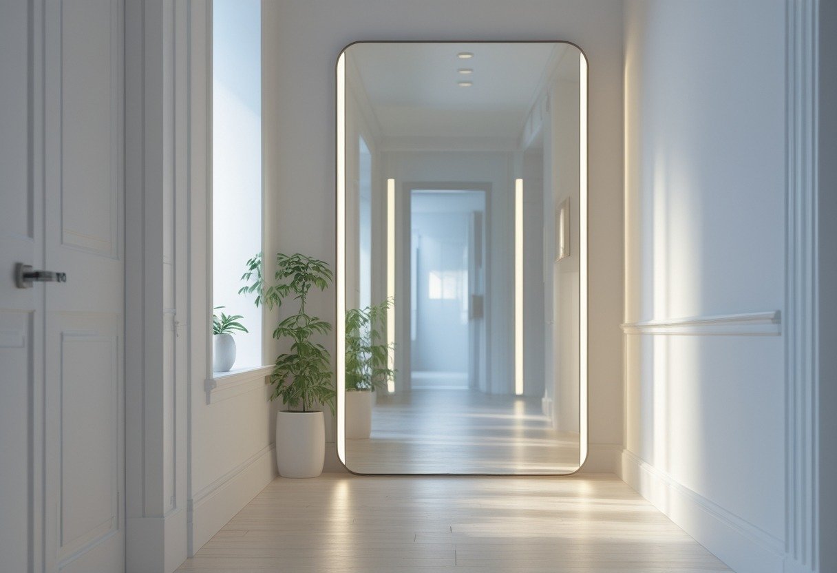 An oversized rectangular mirror leaning against a white wall in a bright hallway with light hardwood floors and a small potted plant nearby.