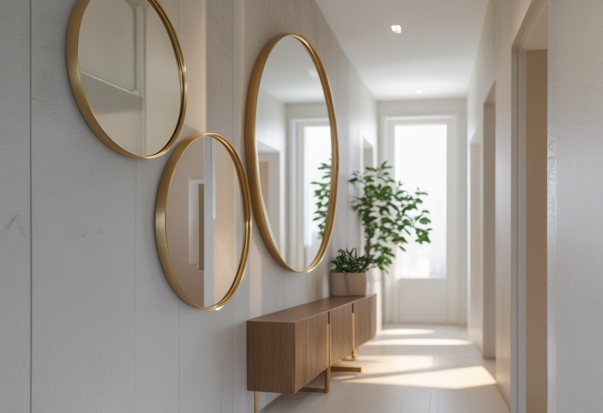 A hallway wall with three staggered circular brass-framed mirrors above a wooden console table with a small plant.