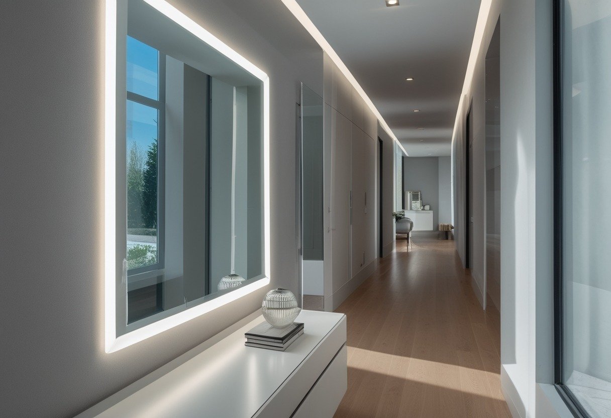 A hallway with a full-length beveled mirror featuring built-in LED backlighting on the wall, a console table with a vase, and polished hardwood floors.