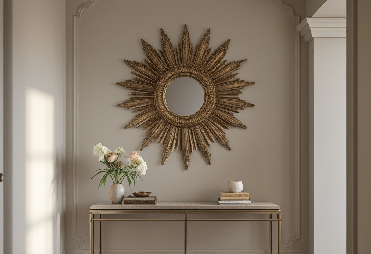 Entryway with a large decorative sunburst mirror above a console table holding flowers and books.