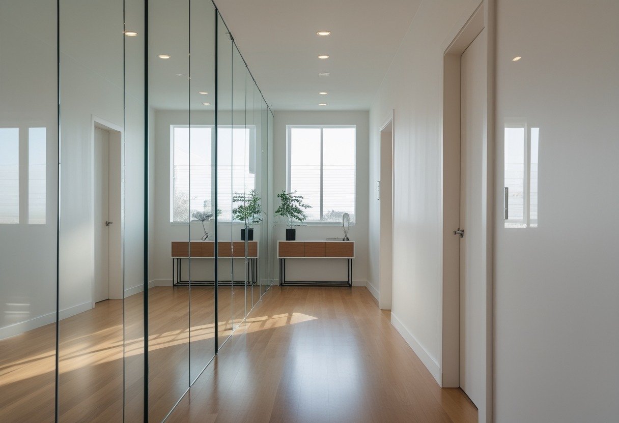 A narrow hallway with floor-to-ceiling mirrors on one side reflecting the space, making the hallway appear wider and brighter.