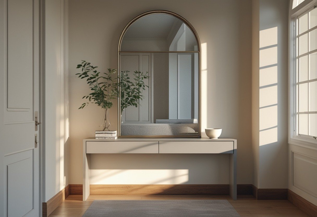 A hallway with an arched mirror resting on a console table decorated with a vase, books, and a bowl.