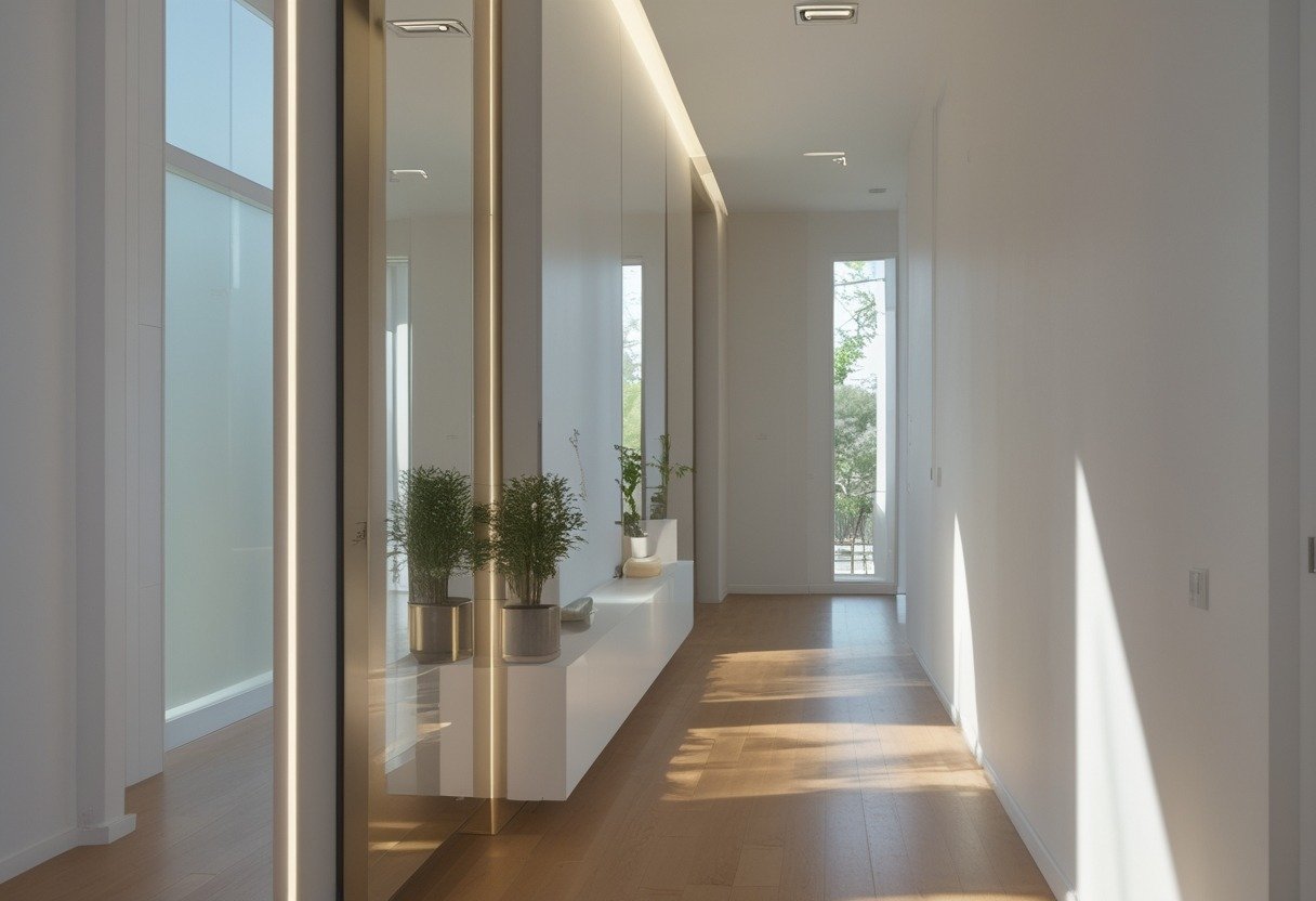 A hallway with a long frameless vertical mirror reflecting the ceiling and part of the space, with natural light and simple decor.