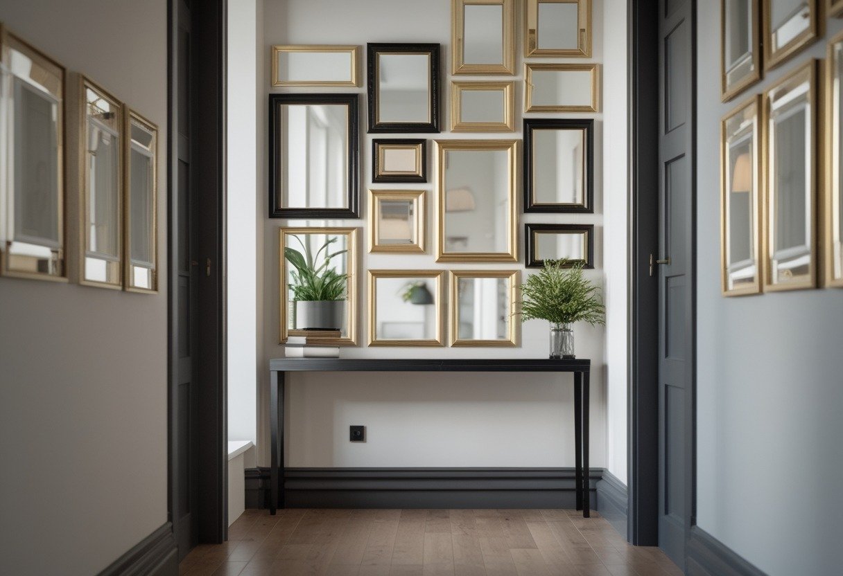 A hallway with a wall covered in a mix of small gold and black framed mirrors arranged in a gallery style.