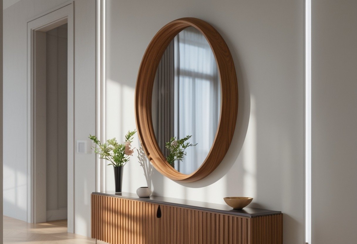 A hallway with an oval mirror mounted on the wall above a console table with flowers and decorative items.