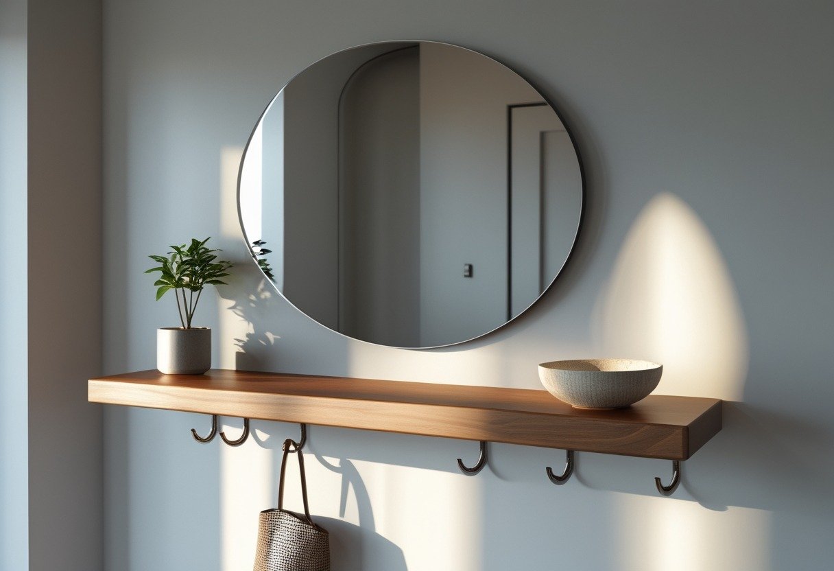 Half-moon mirror above a floating shelf with hooks holding a plant, keys, and a bowl in a hallway.