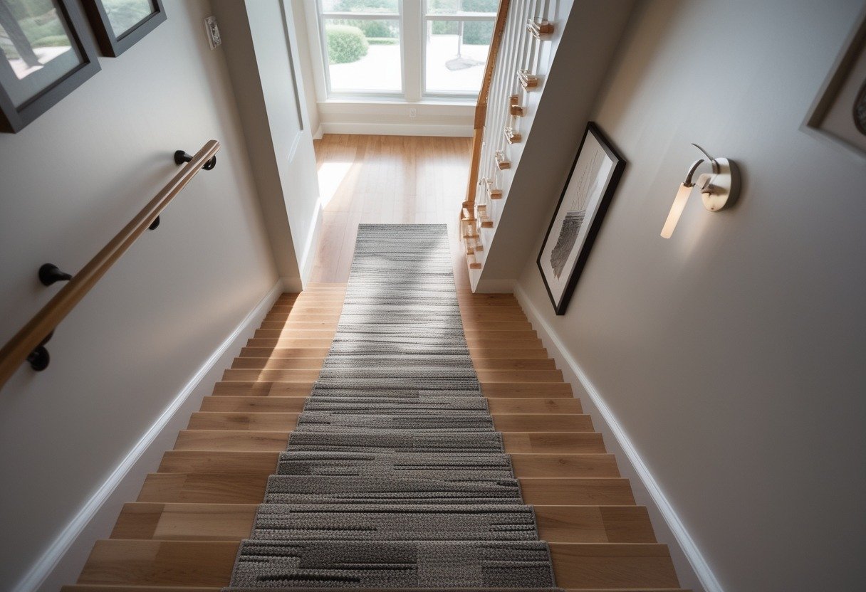 An upstairs hallway with a carpet runner, wooden handrails, framed artwork on the walls, and natural light coming through a window.