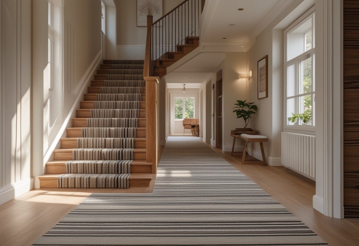 A staircase with a striped wool runner carpet leading to an upstairs landing in a home hallway.