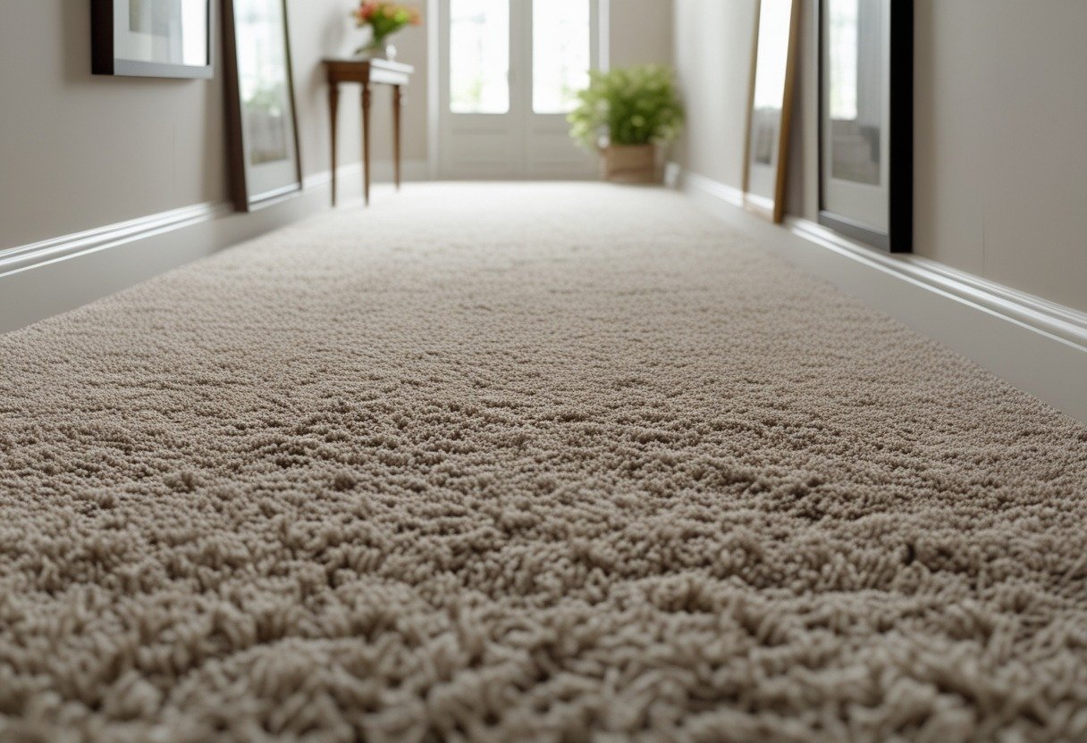 An upstairs hallway with plush neutral-tone carpet covering the floor, light walls, and natural light coming through windows.
