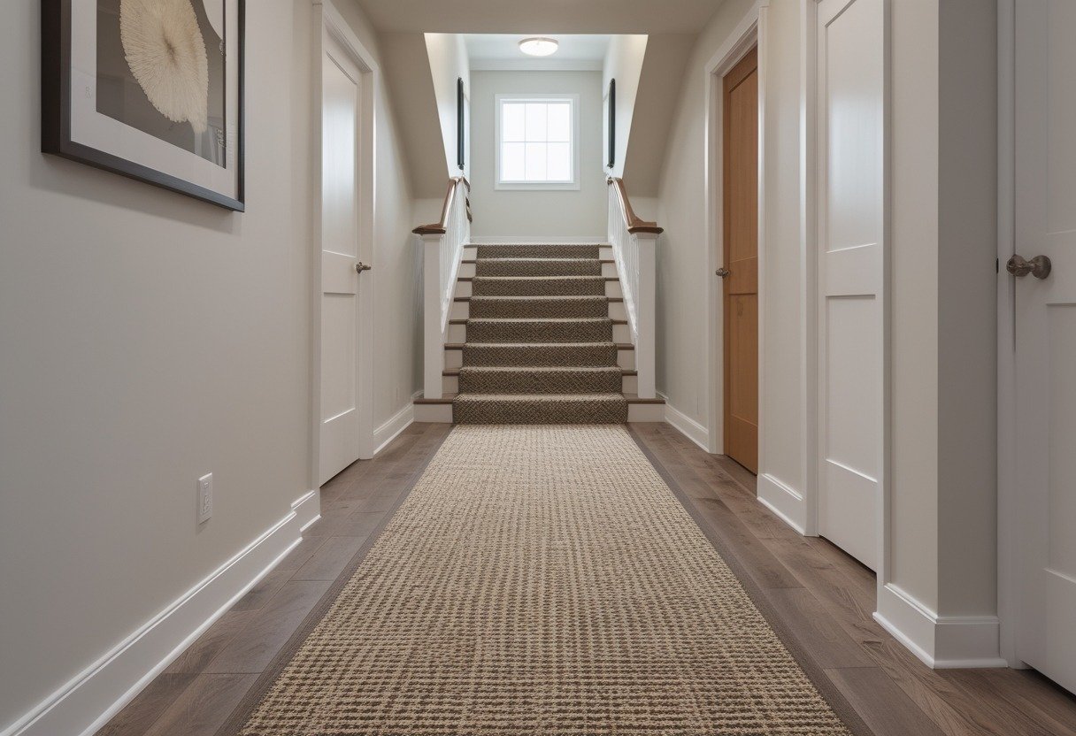An upstairs hallway with a patterned sisal-style carpet, light walls, wooden handrail, and closed doors.