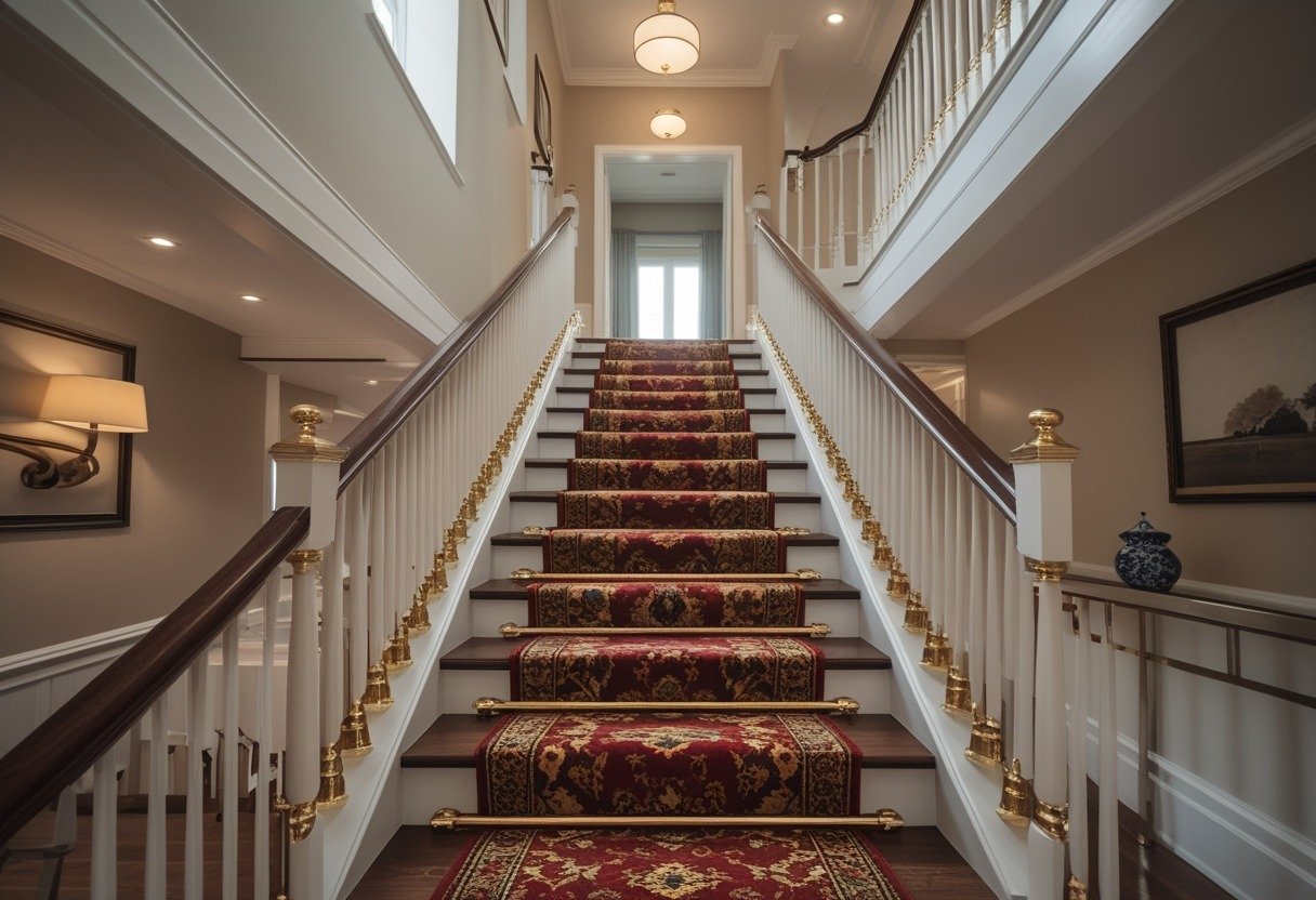 An upstairs hallway with a staircase covered by a bold patterned runner held in place by brass stair rods, leading to a bright landing with wooden floors and neutral walls.