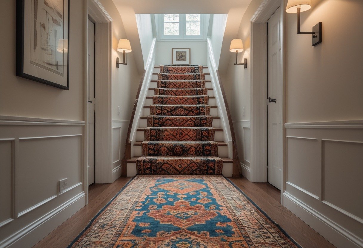 A bright upstairs hallway with a colorful runner carpet laid along the wooden floor, walls decorated with framed pictures, and natural light filling the space.