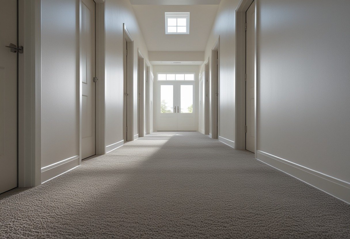 An upstairs hallway with low-pile carpet and several doors along the walls.