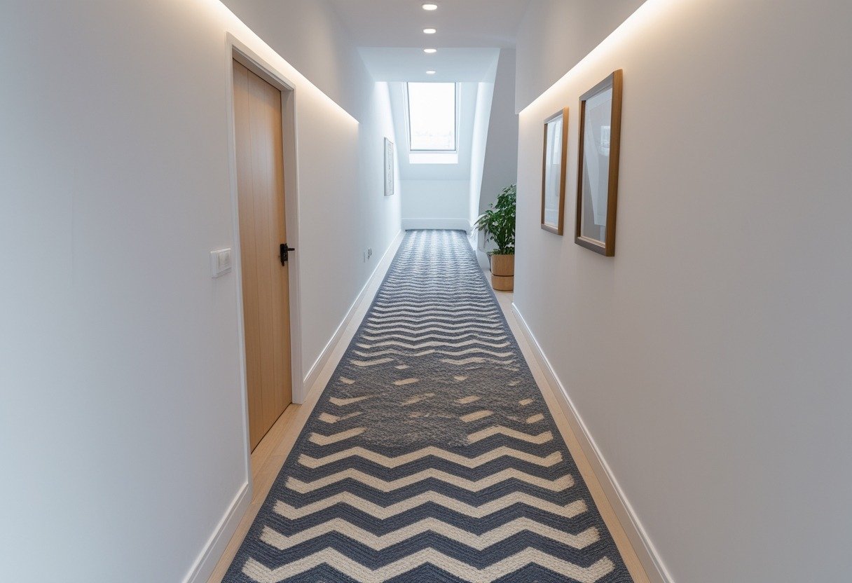 Narrow upstairs hallway with a chevron wool runner carpet and white walls.
