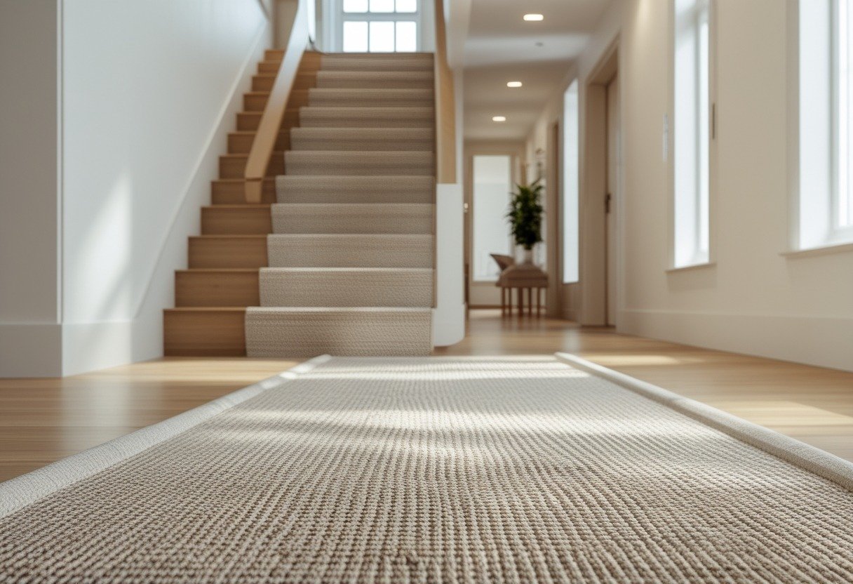 A staircase with a seamless carpet extending into an upstairs hallway in a bright, clean interior.