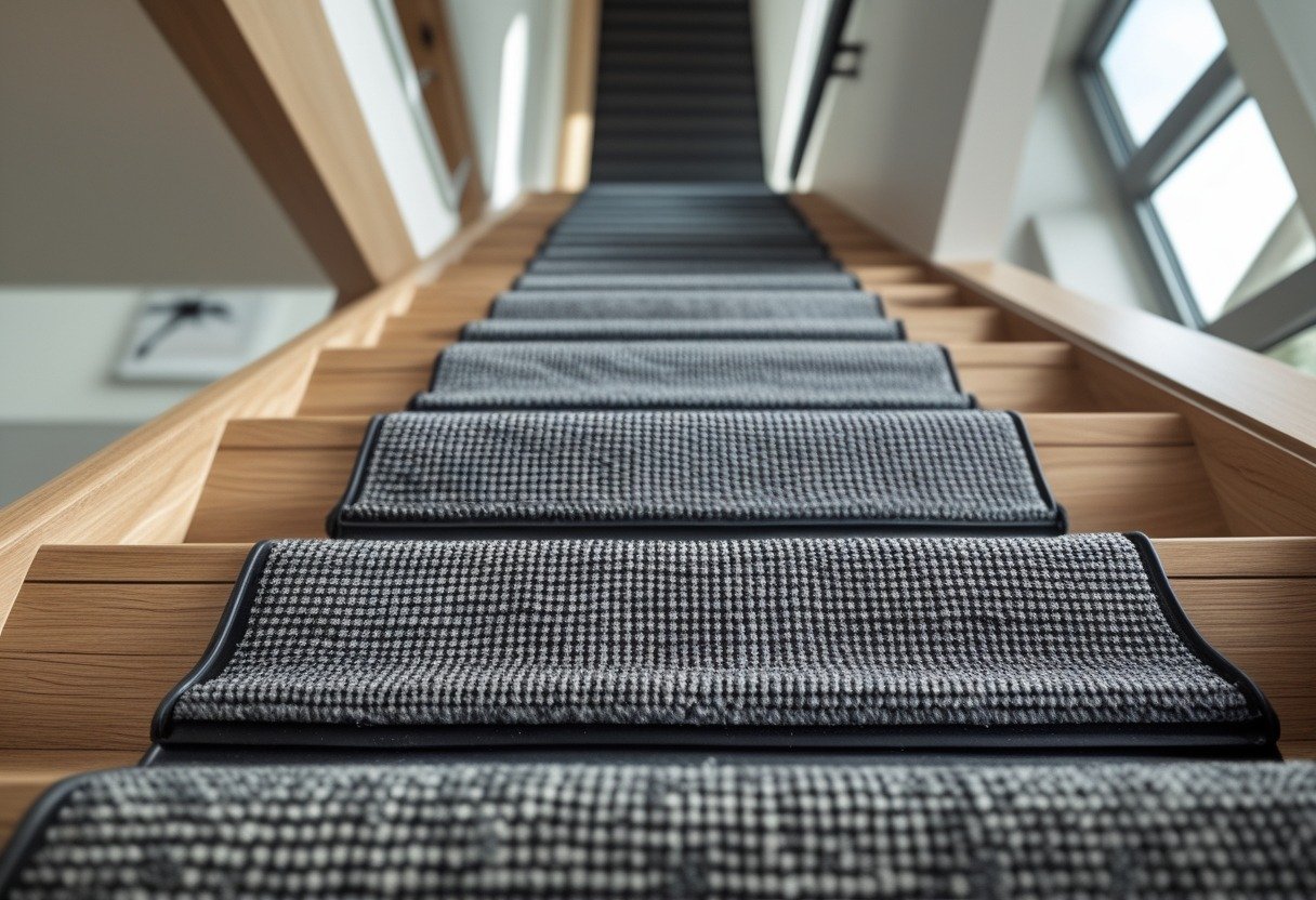 Close-up of a carpet runner with anti-slip backing installed on a wooden staircase in a bright hallway.