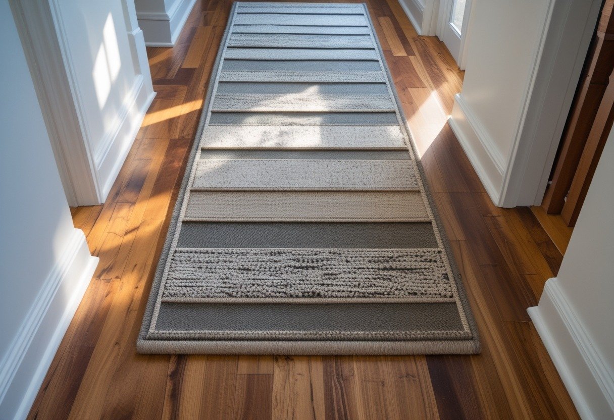 Narrow layered runner carpet with contrasting edge on a hardwood floor in an upstairs hallway.