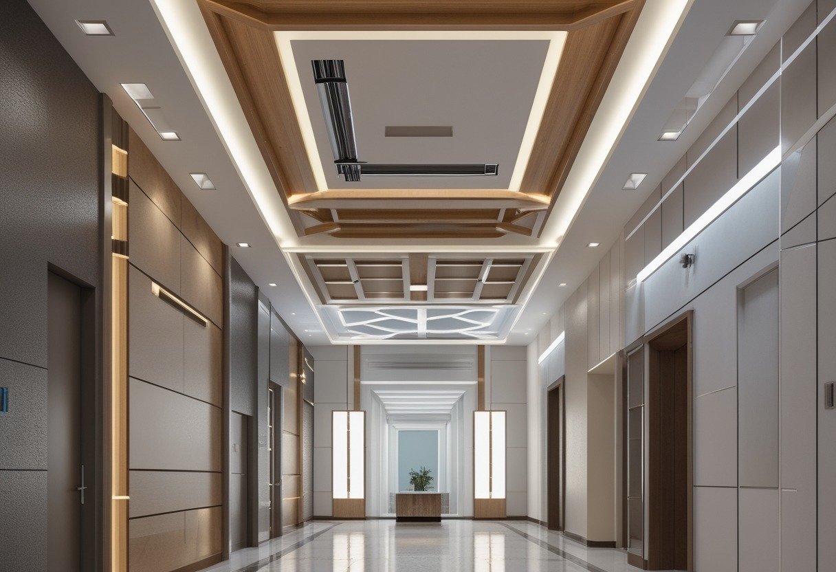 A long hallway with various stylish ceiling designs including recessed lights, wooden beams, and skylights.