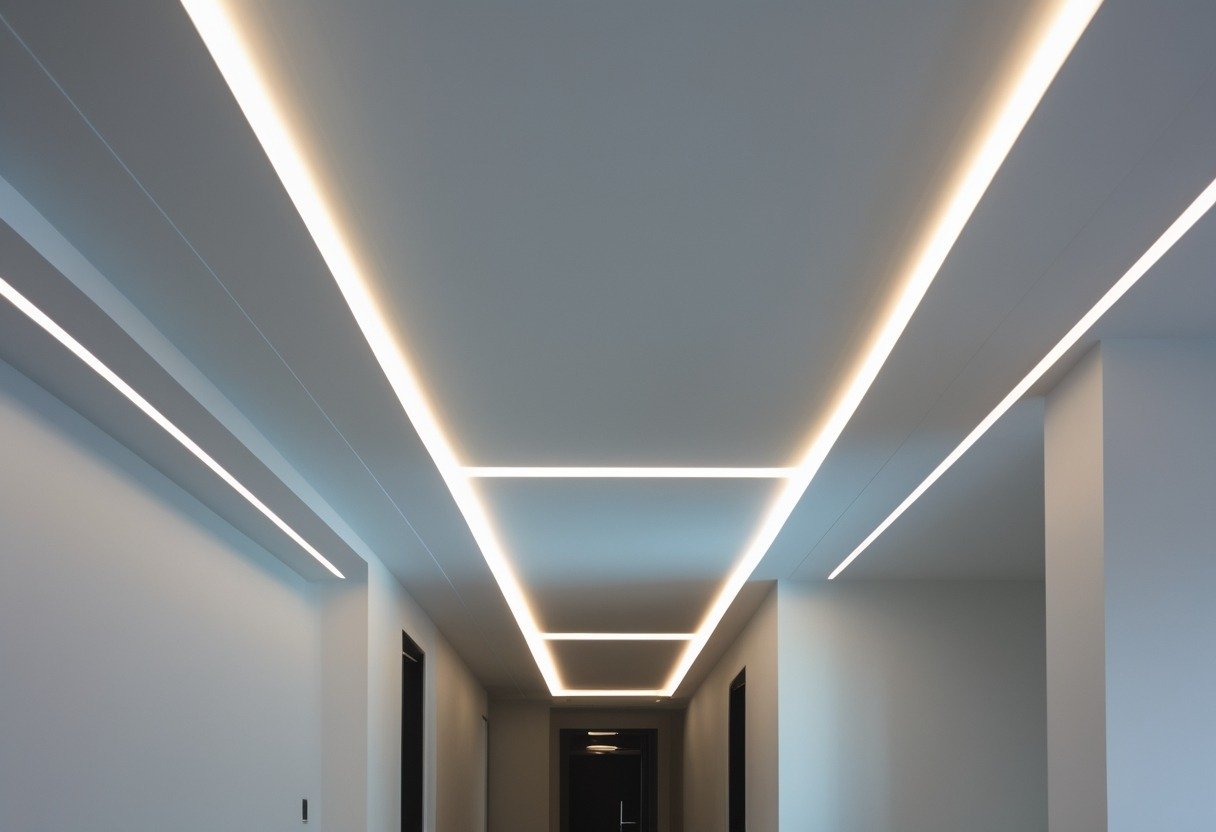 A hallway ceiling painted matte white with recessed LED strip lighting casting a soft glow along the edges.