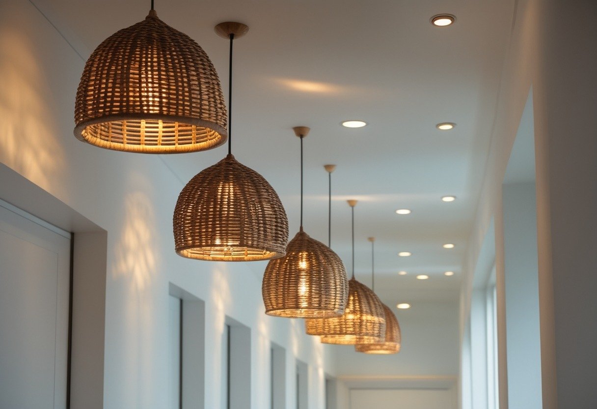 Woven rattan pendant lights hanging from a white hallway ceiling.