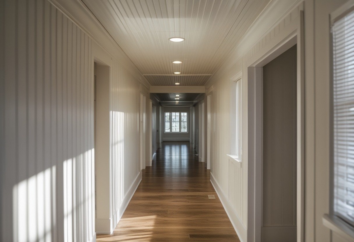 Empty hallway with a cream-colored beadboard plank ceiling and wooden floor.